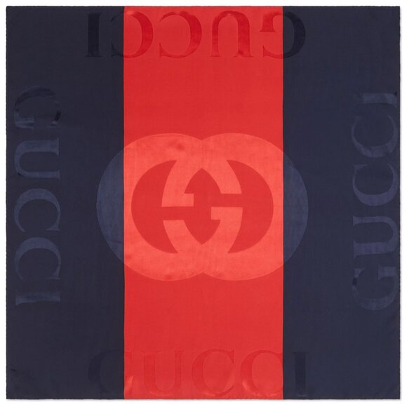 GUCCI SCARF BLUE RED WEB GG LOGO PRINT JACQUARD SILK TWILL FOULARD 35" - Picture 2 of 16